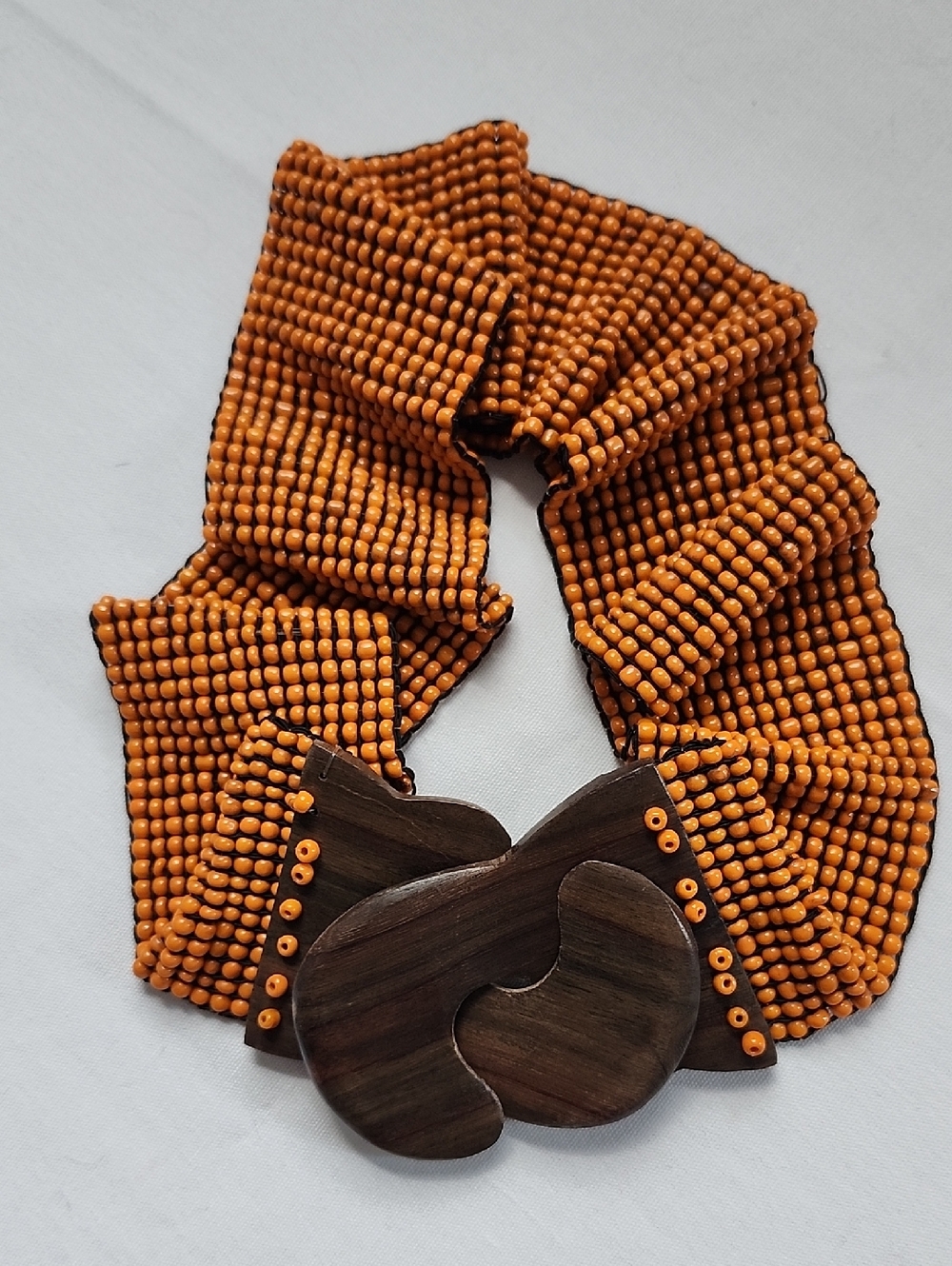 Vintage Glass Beaded Stretch Belt Brown Wood Orange Beads Hook Buckle OS Boho